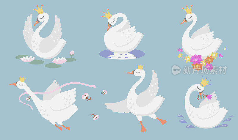 Cute princess swan flat icon set